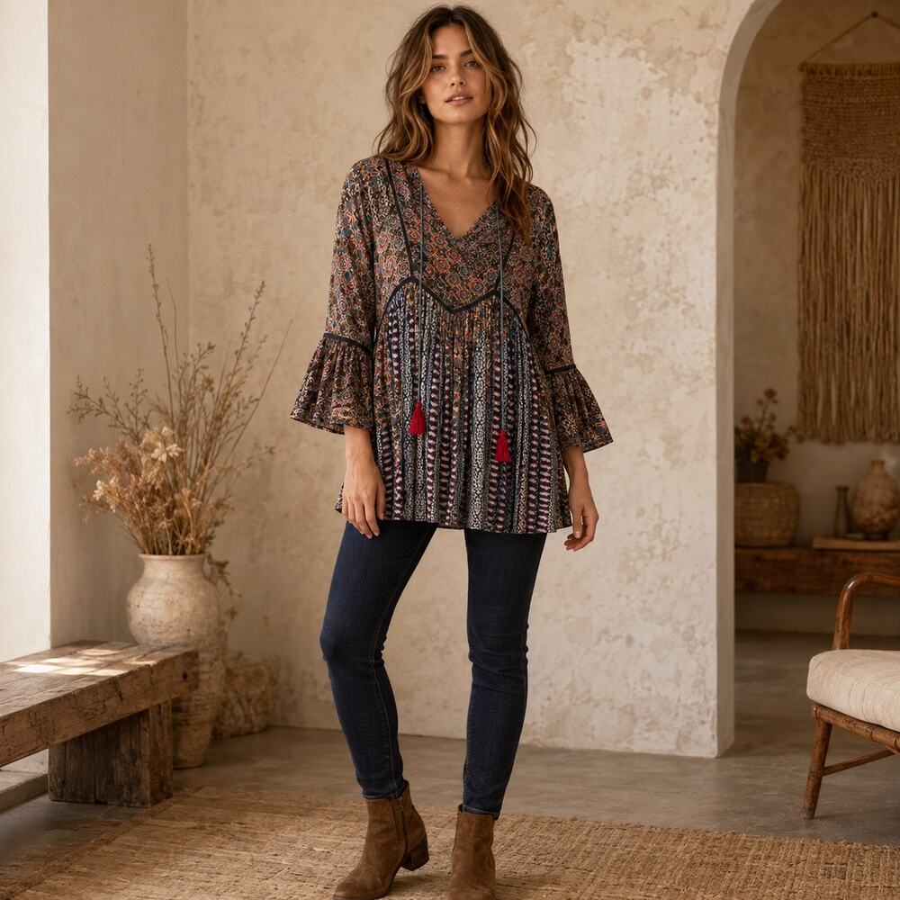 Love Kyla India Made Boho Babydoll Bell Sleeve Tunic Women’s Small Oversized